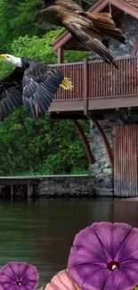 Eagles soar over a lakeside cabin surrounded by lush greenery and flowers.