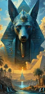 Majestic Egyptian Sphinx with pyramids and desert landscape.