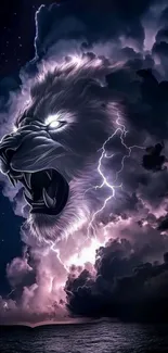 Majestic lion head with lightning in clouds.