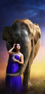 Woman in purple dress with elephant under vibrant sky.