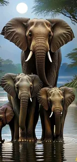 Elephant family standing in water under moonlit sky.