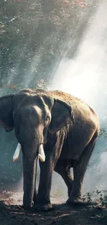 Majestic elephant strolls through sunlit forest path.