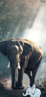 Elephant walking through sunlit forest with teal hues.