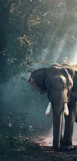 Majestic elephant walking in forest light.