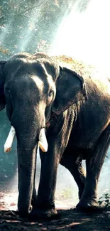 Majestic elephant standing in serene forest light.