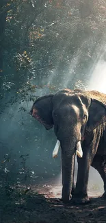 Elephant standing in a sunlit forest with rays filtering through trees.