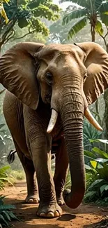 Elephant walking on a forest path surrounded by greenery.