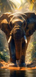 Majestic elephant walking in a sunlit jungle with lush greenery.