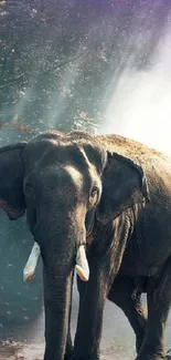 Majestic elephant walking through a misty forest with sunlight filtering through trees.