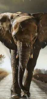 Majestic elephant walking in rain on a serene path.