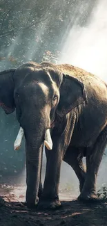 Majestic elephant walking through a sunlit forest path.