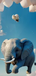 Elephant floating in the sky with balloons and clouds.