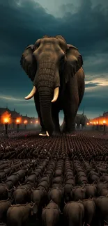 Majestic elephant leads a parade under a dramatic sky in artistic wallpaper.