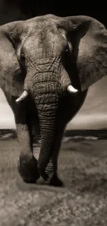 Majestic elephant standing in natural wilderness, captured in sepia tones.