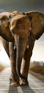 Majestic elephant walking along a serene, scenic road at dawn.