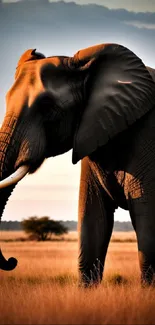 Elephant silhouetted against a sunset in a tranquil safari landscape.