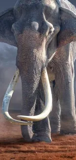 Majestic elephant standing in a vast, misty landscape with large tusks.