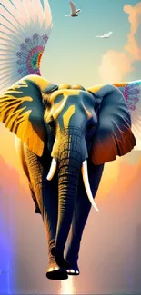 Majestic elephant with colorful wings against a vibrant sky in fantasy art style.