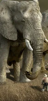 Man standing near large elephants in a grassy field.