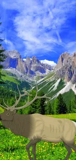 A majestic elk stands against a stunning mountain landscape with clear blue skies.