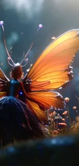 Majestic fairy butterfly with glowing wings in a mystical forest scene.