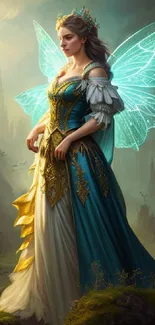 Fantasy fairy with teal wings in a serene landscape.