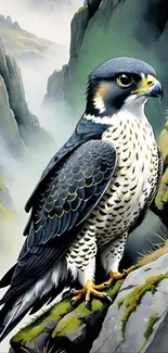 Illustrated falcon perched on rocky mountain landscape.