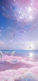 Magical fantasy beachscape with pink skies and tranquil waters.