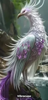 A majestic fantasy bird with purple feathers in a serene forest setting.