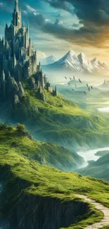 Breathtaking fantasy landscape with castle, mountains, and lush greenery for mobile wallpaper.