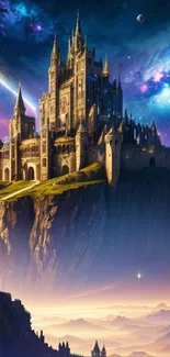 Fantasy castle wallpaper with cosmic sky and majestic scenery.