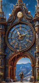Majestic fantasy clock tower with celestial sky.
