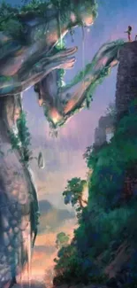 Fantasy creature and cliff encounter in twilight landscape.