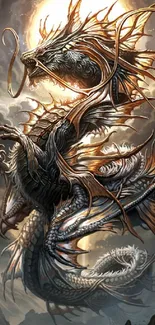 Fantasy dragon with golden accents on mobile wallpaper.