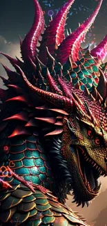 Vibrant dragon with colorful scales and intricate details in a fantasy setting.