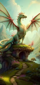 Majestic dragon standing on a lush hilltop in a fantasy landscape.