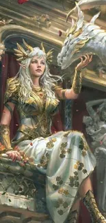 A fantasy dragon queen in golden armor with a mystical dragon.