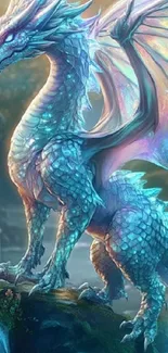 Majestic dragon with shimmering aqua scales in a fantasy landscape.