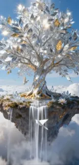 Majestic fantasy tree floating in the sky amidst clouds.