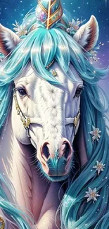 Turquoise-maned fantasy horse under starry sky.