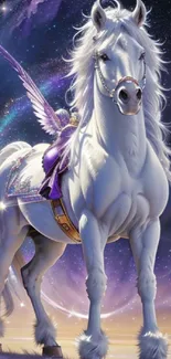 Majestic white horse with wings under a starry sky.