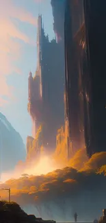 Fantasy landscape with cliffs and golden light.