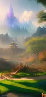 Fantasy landscape with mountain and temple, lush greenery in vivid colors.