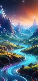 Fantasy landscape with glowing river and mountains at sunset