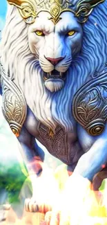 Majestic white lion with golden armor in fantasy setting.