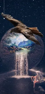 Fantasy wallpaper with eagle, waterfall, and celestial scene.