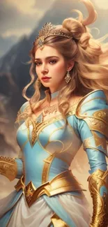 Fantasy princess in golden armor with flowing blonde hair.