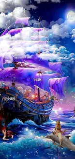 Fantasy ship sails under moonlit sky with vibrant purple colors and ocean waves.