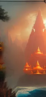 Fantasy temple wallpaper with fiery red hues and mystical landscape.