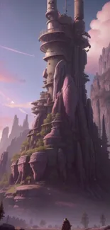 Majestic tower in a fantasy landscape with purple hues.